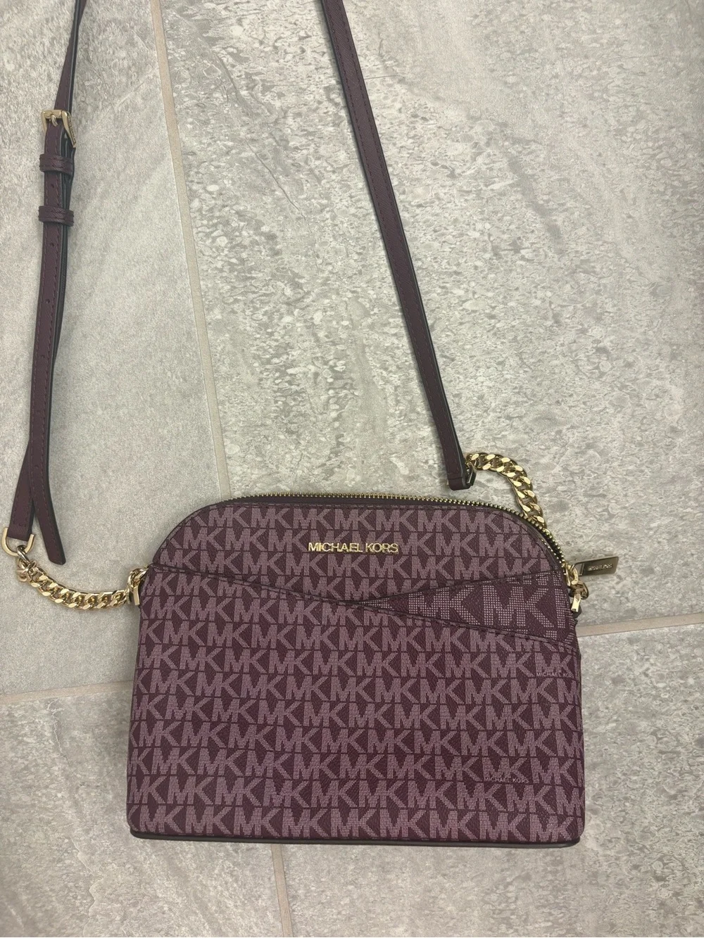 Michael Kors Plum MK Monogram Crossbody with Gold Hardware